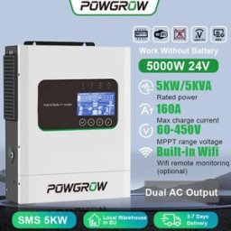 Powgrow Inverter Solare Ibrido 5000W 24V MPPT 160A WIFI, Doppia Uscita Onda Pura, PV 500V On-Grid, Onda Pura, BMS