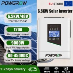 Powgrow Inverter Ibrido Off-Grid 6.5KW 48V MPPT 60-450VDC 9000W PV Caricatore 120A 12KW di Picco Commutazione 10ms Efficienza 94% Funzionamento Senza Batteria per Casa