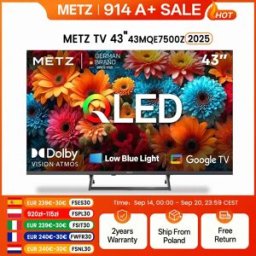 Metz TV LED Smart 4K QLED 43 Pollici Google Tele HDR 10 MEMC DBX Dolby Atmos Game Hub Eyecare Tuner 2025 43Mqf7500Z