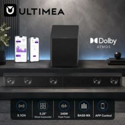 ULTIMEA Soundbar 5.1 Dolby Atmos per Smart TV, Barra Sonora da 340W con Subwoofer Cablato da 5.25', BassMX e VoiceMX, Supporta HDMI EARC, Bluetooth ® 5.4, Controllo tramite App