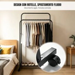 NONE Appendiabiti a doppia asta con ruote e ripiano inferiore, supporto per abiti su ruote resistente, appendiabiti mobile per camera da letto/lavanderia – salvaspazio