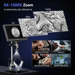 TOMLOV Microscopio Digitale Elettronico Professionale 1500X DM9 Max 20MP 10.1" HD IPS HDMI, Microscopio per Monete 1500X con Schermo LCD, Microscopio per Saldatura con 10 Luci LED, Compatibile PC/TV,