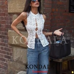 KONDALA Top Sexy Chic in Pizzo Bianco con Fiocco da Donna, Scollo a O, Senza Maniche, Slim Fit, con Spacco Frontale, Moda Primavera Estate 2026, Top Y2K per Ragazze