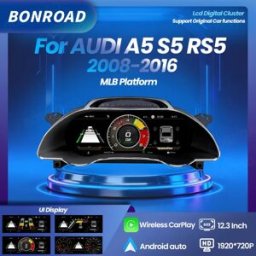 BONROAD 12.3'' 1920*720P Pannello Cruscotto Digitale LCD con Carplay Wireless e Android Auto per Audi A5 S5 RS5 2008-2016, Tachimetro Virtuale, Supporto HDMI e Navigazione GPS
