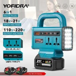 Yofidra Inverter di potenza senza fili 350W da CC 18V-21V a CA 220V con batteria al litio e doppia porta di ricarica USB per batterie Makita.