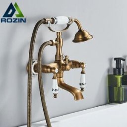 rozin Set Rubinetto Doccia Vasca da Bagno in Ottone Anticato, Miscelatore a Doppia Maniglia Montato a Parete con Doccetta e Beccuccio Girevole