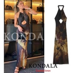 KONDALA Abito Lungo da Donna Chic da Spiaggia per Vacanze, Stampa Floreale, Senza Schienale, Senza Maniche, Halter, per Feste, Moda Estate Autunno 2026, Vestito Dritto