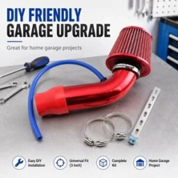 GIOIO Kit di aspirazione aria fredda con filtro da 76 mm (3 pollici), tubo in alluminio rosso da 68 mm, filtro aria a cono pieghettato ad alto flusso, set completo fai-da-te per la modifica