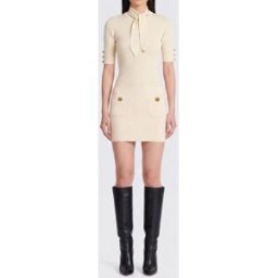 Elisabetta Franchi Mini abito in maglia con colletto a fusciacca e tasche Bianco Taglia 38