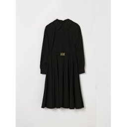 Twinset Abito chemisier da bambina in misto viscosa con maniche lunghe e cintura Nero Taglia 12