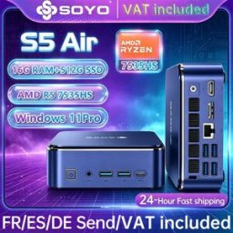 Soyo S5 Air Mini PC AMD Ryzen 5 7535HS 16GB LPDDR5 512GB M.2 SSD Windows 11 Pro AMD Radeon Graphics Mini Computer Desktop Doppia HDMI Type-C RJ45 Micro PC per Casa, Ufficio e Gaming