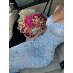 MCDV Bella personalizzato blu fiori 3D sirena robes de soirée senza spalline backless senza maniche abiti da festa pavimento-lunghezza abito da ballo