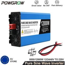 Powgrow Inverter a Onda Sinusoidale Pura 12000W 8000W 4000W da DC 12V 24V a AC 220V, Inverter Solare con Funzione Power Bank e Convertitore di Frequenza
