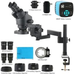 Eakins Microscopio trinoculare stereo industriale con zoom 3,5X-180X 48MP 4K 2K HDMI USB Videocamera Supporto pieghevole da tavolo Kit di saldatura PCB