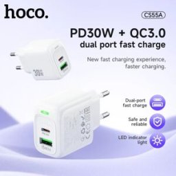 HOCO Dual Port PD30W Caricatore del telefono a ricarica rapida Spina UE per iPhone 17 16 15 QC3.0 PD Adattatore da viaggio a parete per Samsung S21 S22