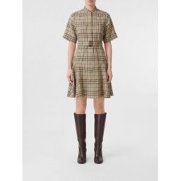 Burberry Mini abito chemisier in misto lino con motivo Vintage Check Beige Taglia 4