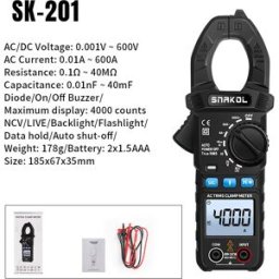 SNAKOL SK-203 Pinza Amperometrica Intelligente 600A AC/DC Corrente/RMS, Testa di Pinza a Grande Diametro 35mm, Retroilluminazione + Torcia, Doppia Illuminazione