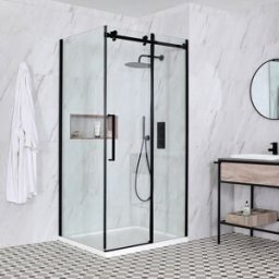 Box Doccia Angolare Nero con Porta Scorrevole Senza Telaio e Piatto Doccia - 1200 x 800mm - Nox