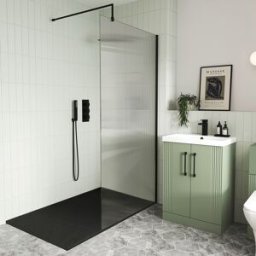 Box Doccia Walk-In Nero in Vetro Scanalato con Piatto Doccia da 1400mm x 800mm Effetto Ardesia Bianco - Hudson Reed