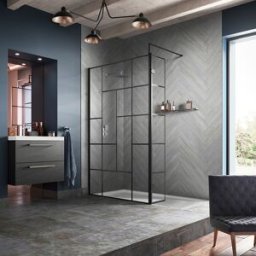 Box Doccia Walk In con Parete a Griglia Nera Astratta e Piatto Doccia 1100mm x 700mm