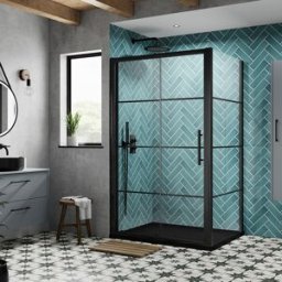 Box Doccia Angolare con Porta Scorrevole Nera e Piatto Doccia in Ardesia Grigio Chiaro - 1200mm x 800mm - Apex