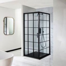 Hudson Reed Box Doccia Angolare con Porta Scorrevole a Griglia Nera e Piatto Doccia Bianco Effetto Ardesia - 900mm x 800mm - Barq