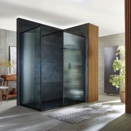 Hudson Reed Box Doccia Walk In Angolare in Vetro Scanalato con Telaio Nero e Piatto Doccia Effetto Ardesia Antracite 1100mm x 700mm - Florence