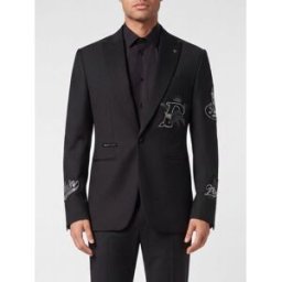 Philipp Plein Blazer monopetto in misto lana con rever a lancia e patch logo Nero Taglia 52