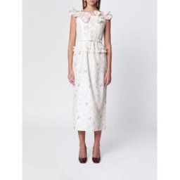 Alessandra Rich Abito midi a tubino in seta con ricamo floreale e spalle scoperte Bianco Taglia 42
