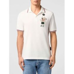 Philipp Plein Polo in piquet di cotone con patch grafica Bianco Taglia XS