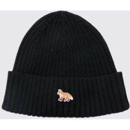 Maison Kitsuné Beanie in pura lana con risvolto e patch logo Chillax Fox Nero Taglia OS