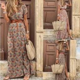 SUYISODA Tendenza estiva con scollo a V da donna retrò stampa vintage sottile con cintura sexy casual elegante abito da festa abito longuette irregolare con spacco alto