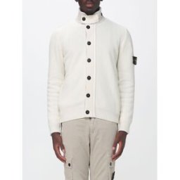 Stone Island Cardigan in misto lana vergine con collo alto e patch logo Panna Taglia S