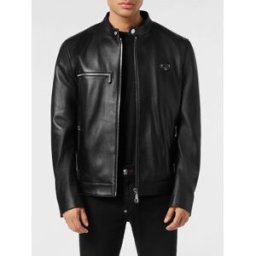Philipp Plein Giacca in pelle relaxed fit con collo alto e dettagli zip Nero Taglia M