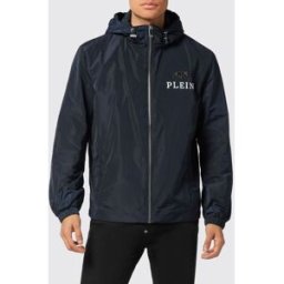 Philipp Plein Giacca a vento in tessuto tecnico con cappuccio e stampa logo Blue Taglia XL