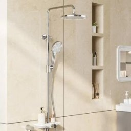 HiMISS Sistema Doccia a Pioggia Rotondo da 25 cm in Acciaio Inossidabile con Colonna Regolabile, Barra e Mensola, Set Doccia a Soffitto (Accessori Non Inclusi)