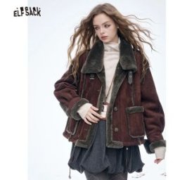 ELFSACK Cappotto invernale in peluche scamosciato vintage da donna 2025, giacca in misto colletto rovesciato ampio, capispalla casual versatile