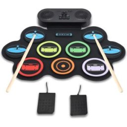 NONE Kit di batteria elettronica, 9 pad per batteria con doppi altoparlanti stereo, kit di batteria arrotolabile con pedali e bacchette, supporto per cuffie/Bluetooth/MIDI, regalo per bambini e
