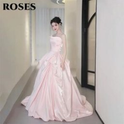 FANG CAICAI ROSES Blush Abito da sera rosa minimalista senza spalline, modello A-line, lungo fino al pavimento, in raso, personalizzabile