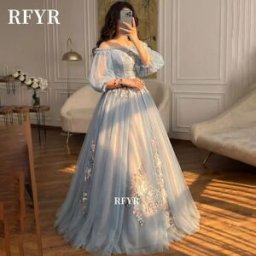 FANG CAICAI Abito da sera RFYR con spalle scoperte, applicazioni, maniche a lanterna, stile principessa, elegante