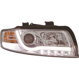 Set fari fanali proiettori anteriori TUNING per AUDI A4 berlina Avant 2000-10/2004 cromati con luci diurne DRL LED TUBELIGHT LTI