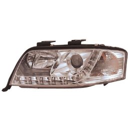 Set fari fanali proiettori anteriori TUNING AUDI A6 06/2001-2004 cromati, H1+H1 con luci diurne DRL LED DAYLINE omologati R87