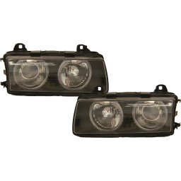 Set fari fanali proiettori anteriori TUNING BMW Serie 3 E36 1990-1999 berlina Touring, neri con luci diurne DRL LED DAYLINE omologati R87