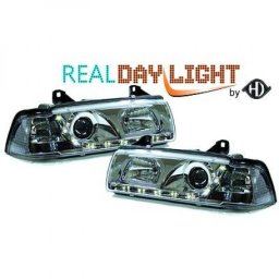 Set fari fanali proiettori anteriori TUNING BMW Serie 3 E36 1990-1999 berlina Touring, cromati con luci diurne DRL LED DAYLINE omologati R87