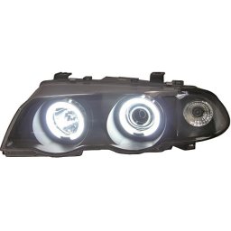 Set fari fanali proiettori anteriori BMW Serie 3 E46 berlina Touring 1998-2001, neri H1 con anelli ANGEL EYES CCFL alta potenza e freccia