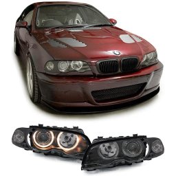 Set fari fanali proiettori anteriori TUNING BMW Serie 3 E46 Coupè Cabriolet 1999-08/2001, neri con anelli ANGEL EYES alogeni