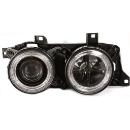 Set fari fanali proiettori anteriori TUNING per BMW Serie 5 E34 e Serie 7 E32 1988-1995 neri con anelli ANGEL EYES