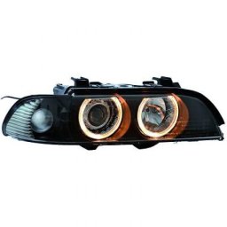 Set fari fanali proiettori anteriori TUNING BMW Serie5 E39 berlina Touring 1995-2000 neri, H7+H7 con anelli ANGEL EYES