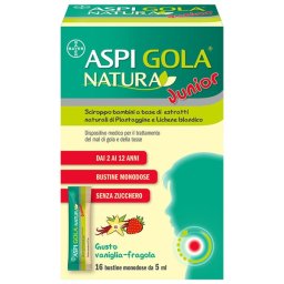 Aspi Gola Natura Junior Sciroppo Bambini per Mal di Gola e Tosse Vaniglia e Fragola 16 Bustine 5ml