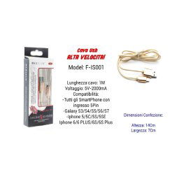 Trade Shop - Cavo Usb Ricarica Veloce Iphone Galaxy 5volt-2000ma 1,00mt 5 Pin Maxtech F-is001 -